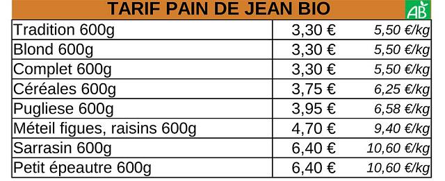 Tarifs "Le pain de Jean". Boulanger bio
