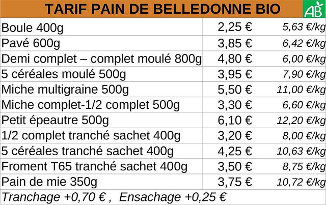 Tarif "Pain de Belledonne" - 2022